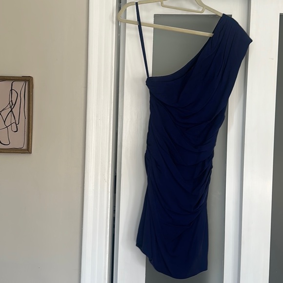 ALLSAINTS Navy Blue Ruched One Shoulder Dress Sz.4 reminiscent of Norma Kamali - Picture 8 of 8